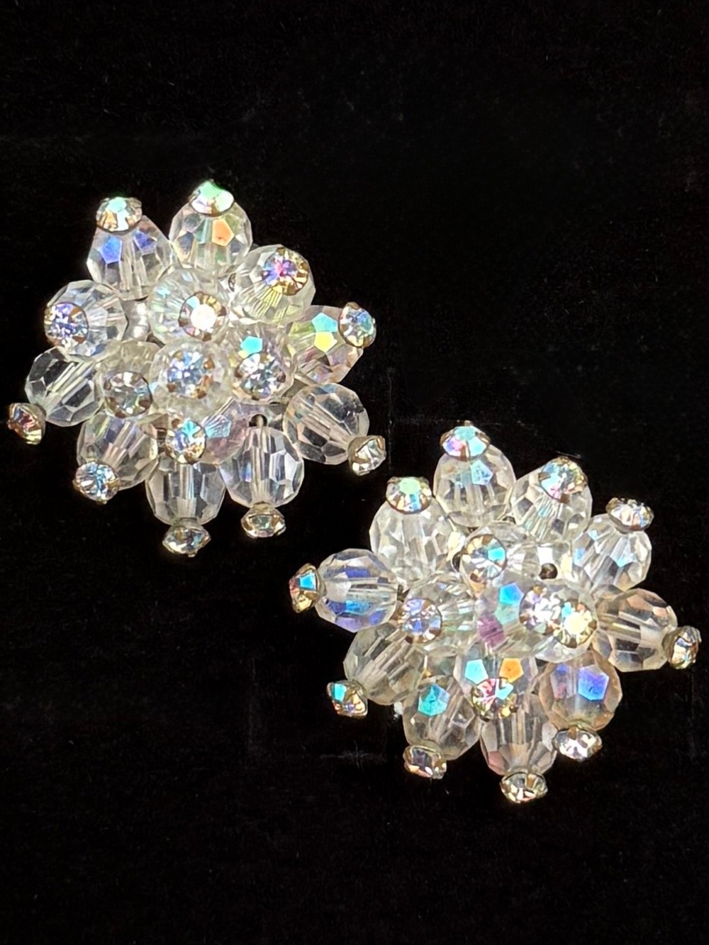 Vintage Clear Beaded Rhinestone Cluster Clip On Earrings